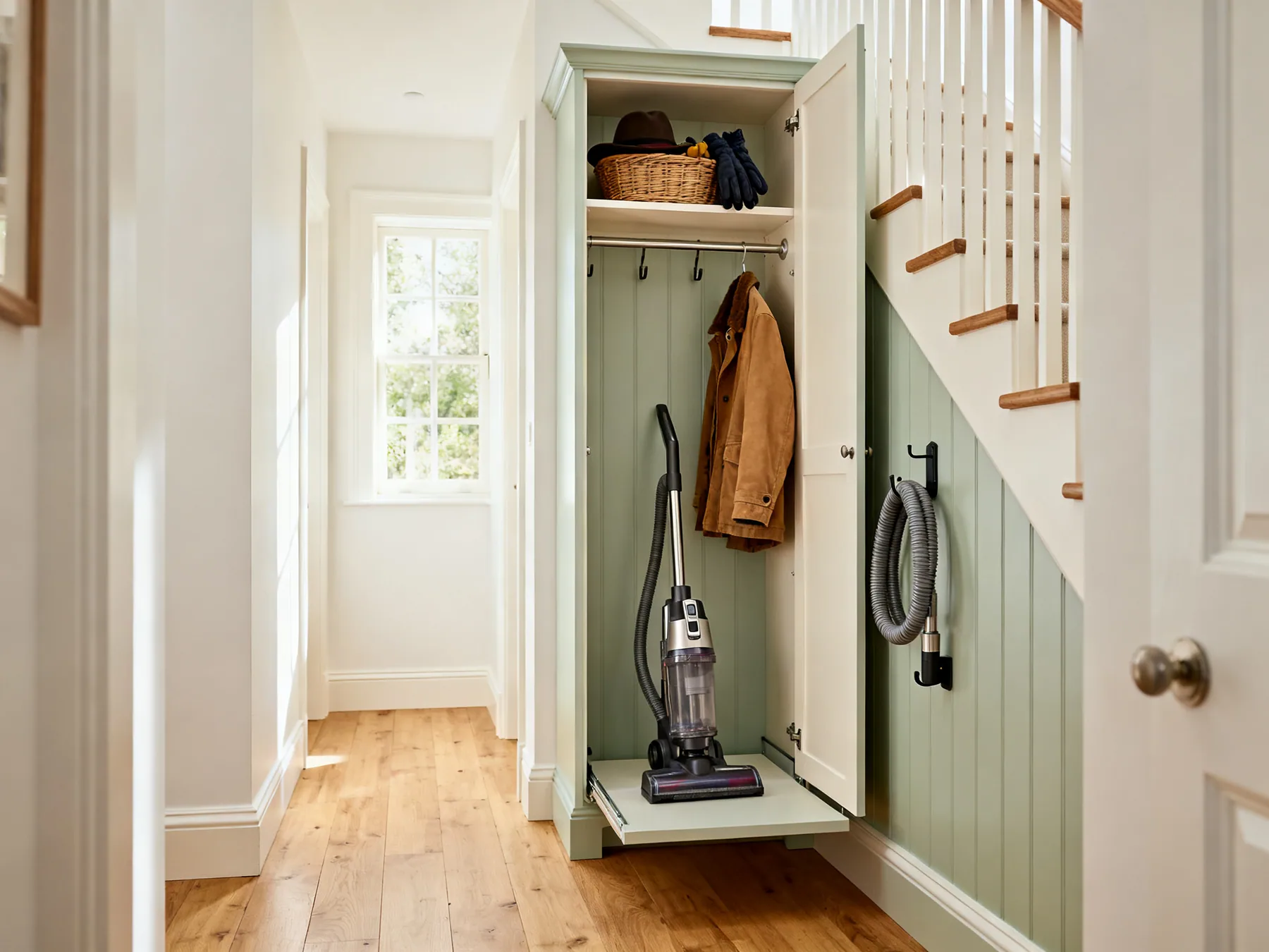The tall third, the only part with room to hang a coat The tall end of an understairs cupboard with a coat rail, a shelf of hats and gloves above, and a vacuum cleaner on a low pull-out platform with its hose coiled on a hook