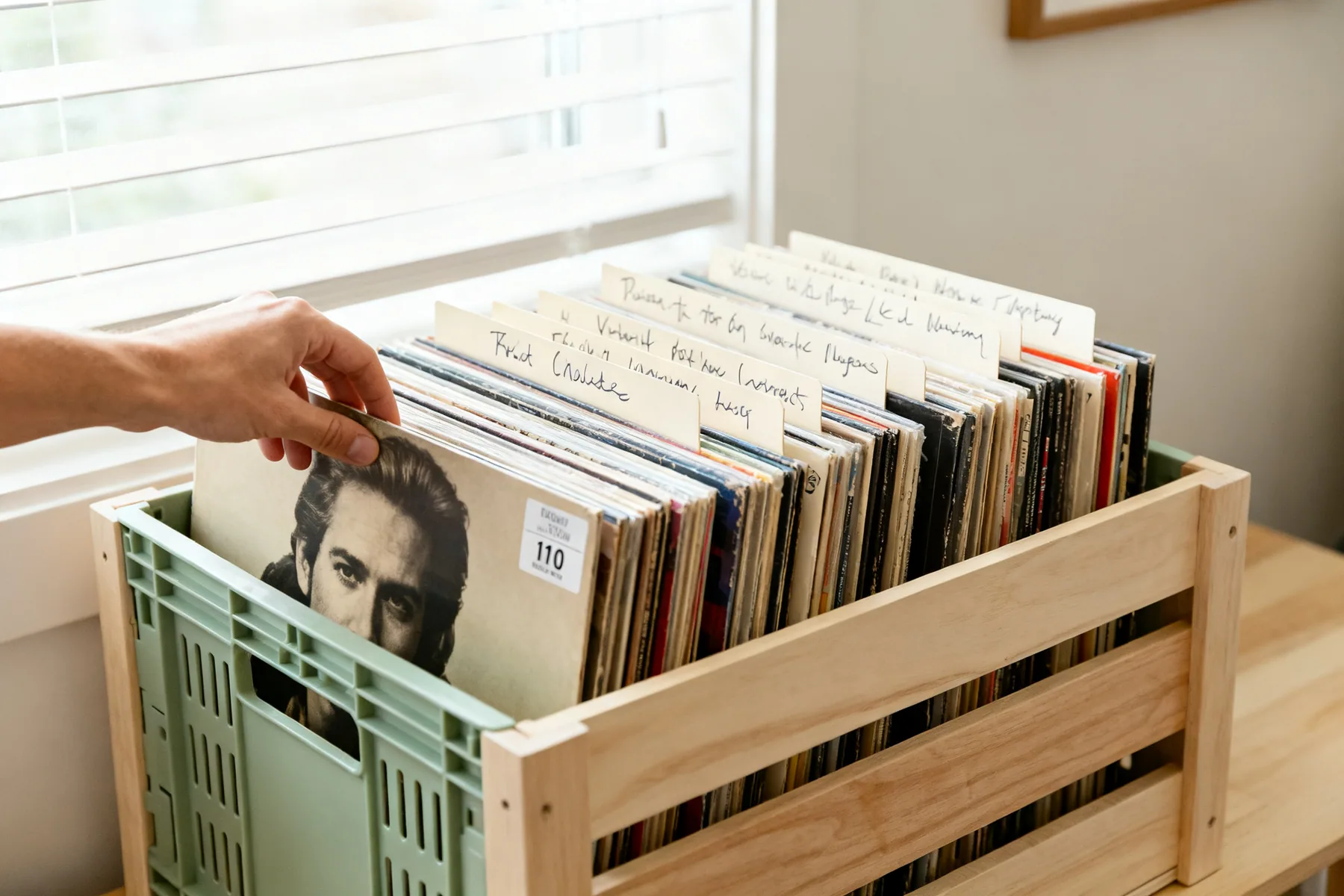 Dividers make a collection browsable A record crate holding albums upright with handwritten card dividers, a hand flicking through the front section