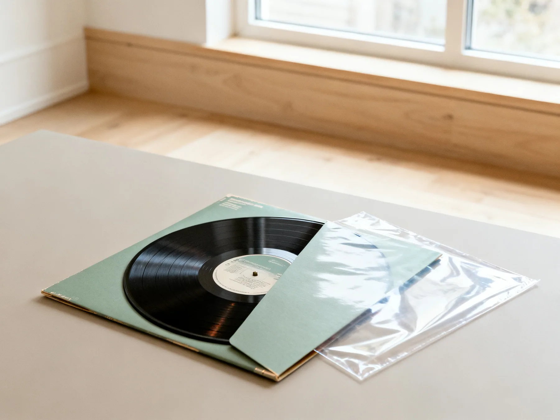 Two sleeves, and the inner one matters most A record part-way out of its jacket showing an anti-static inner sleeve, with a clear outer sleeve beside it