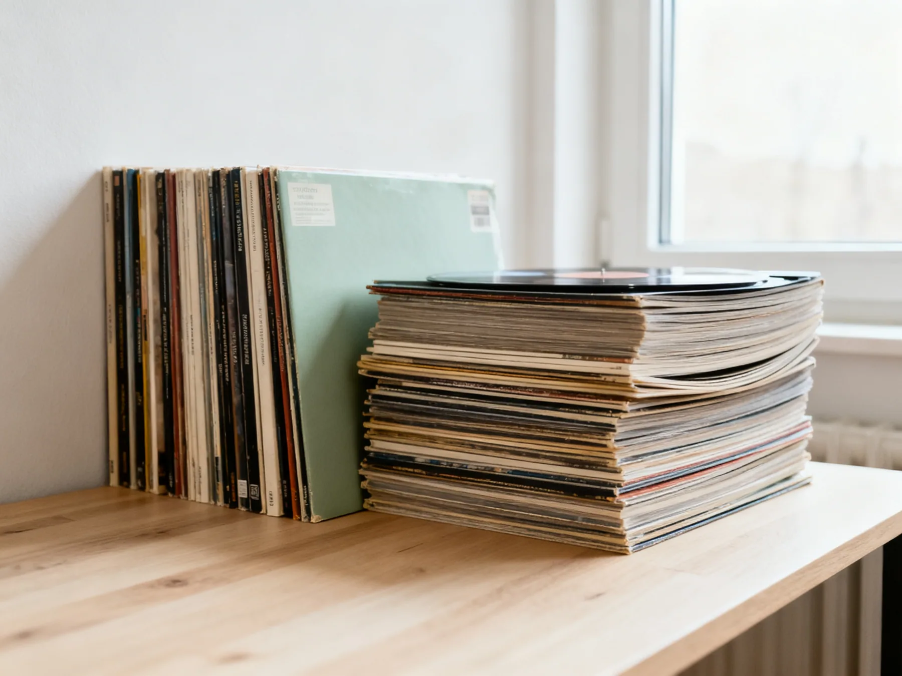 Do not stack records flat A neat upright row of records beside a horizontal pile of albums stacked flat and bowing under its own weight