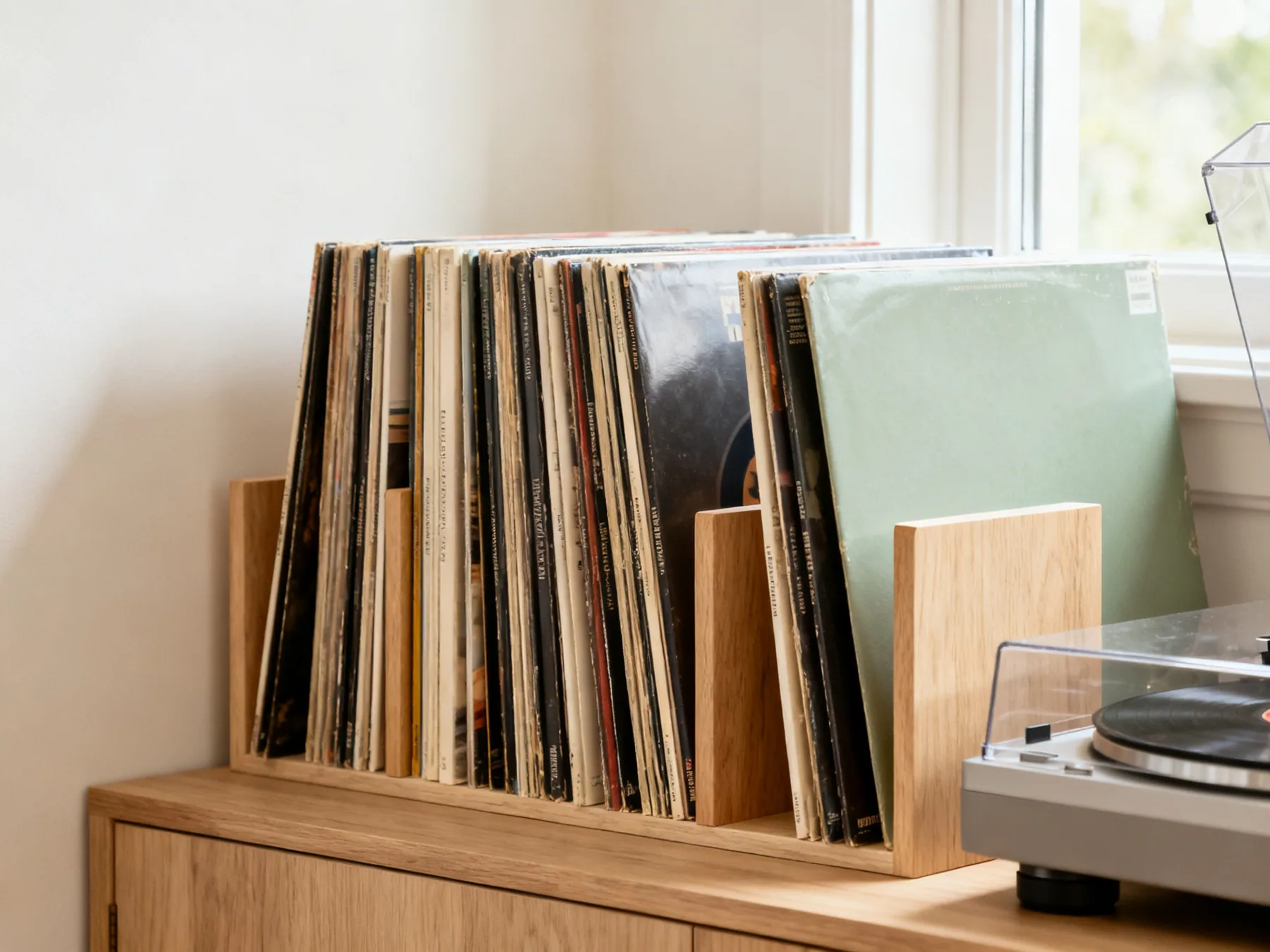 Upright and snug, never leaning A record shelf holding vinyl albums standing fully upright and snug with spines facing out and wooden dividers between sections