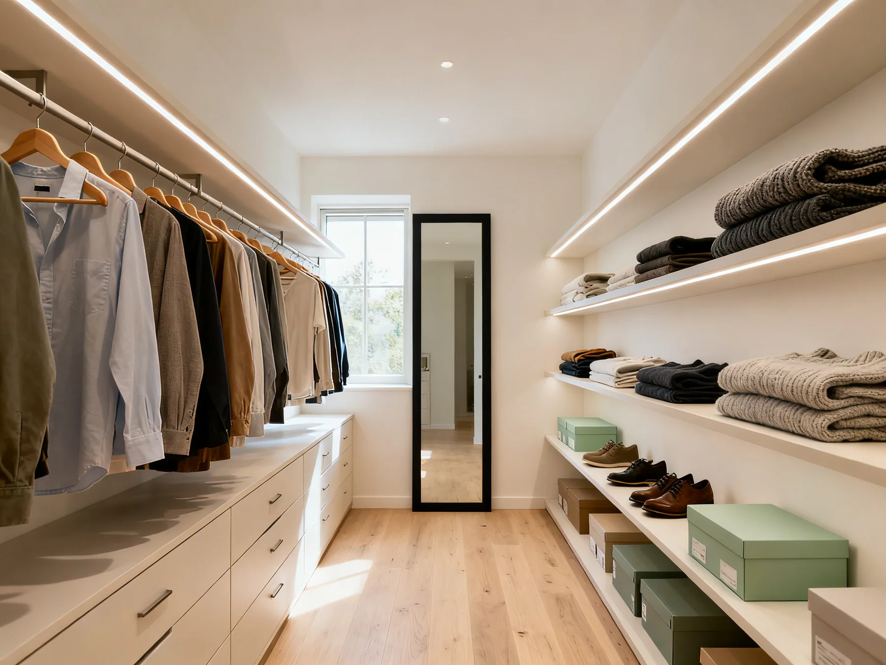 A narrow walk-in with hanging on one side only A narrow walk-in closet with a rail of hanging shirts above a run of drawers along one wall, shallow shelves of folded knitwear and shoe boxes opposite, a tall slim mirror, and a clear walkway of floorboards down the middle