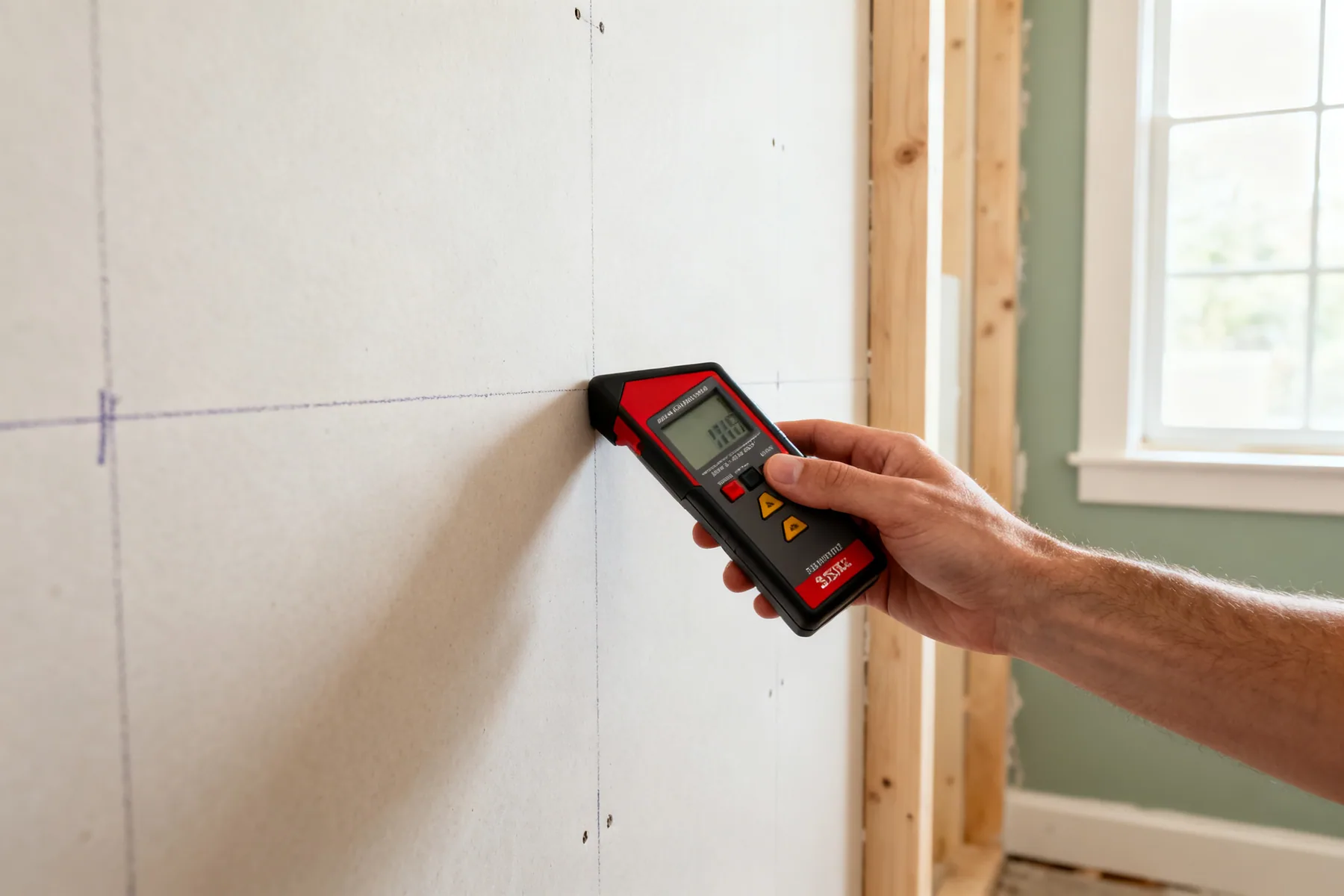Find the studs before you choose the shelf A hand holding a stud detector against a plasterboard wall with pencil marks showing located studs at regular centres