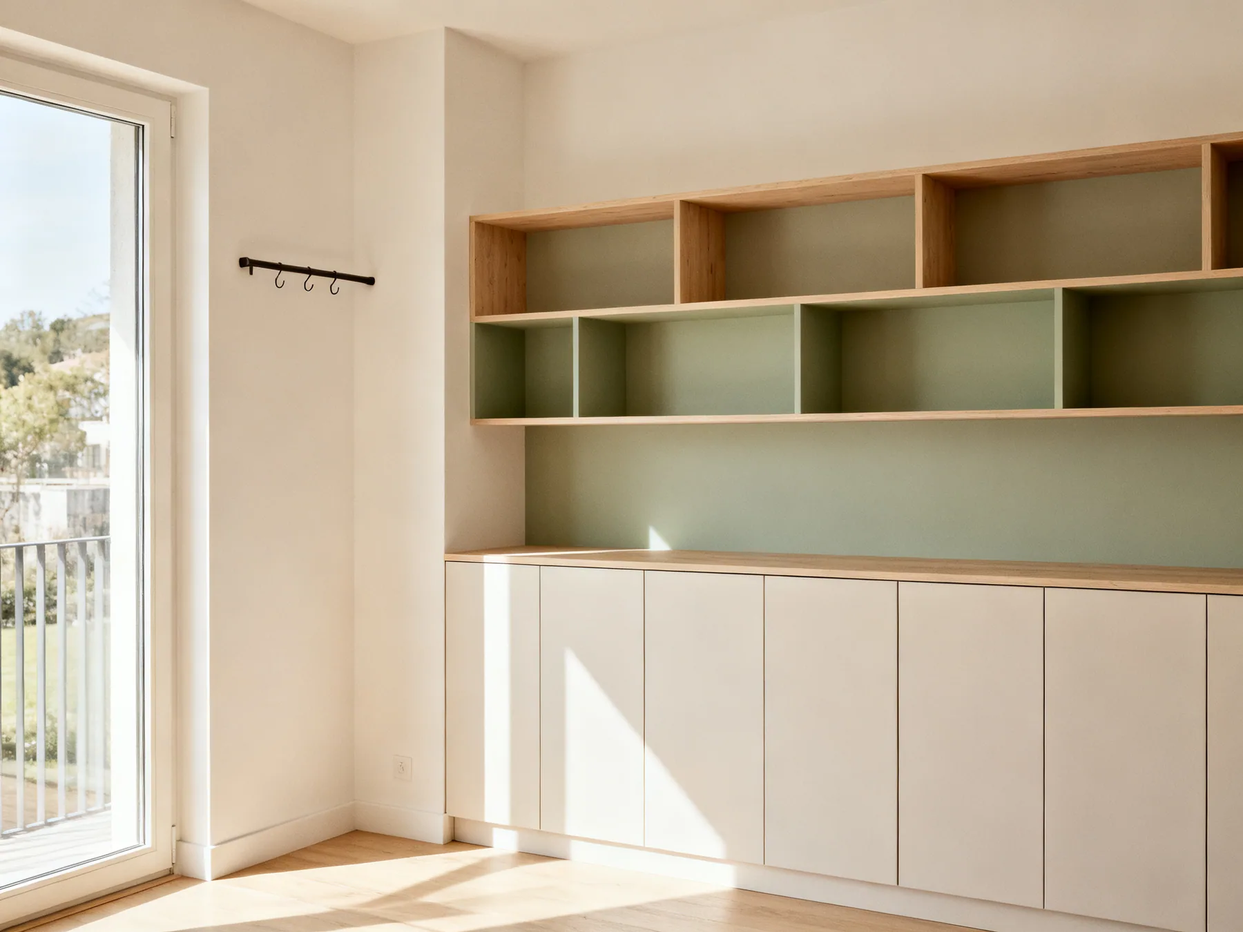 Walls are the only space you are not already using A wall used floor to ceiling with closed cabinets below, open shelving above and a slim rail of hooks at one side