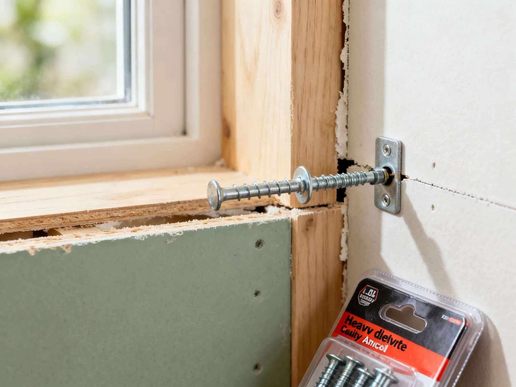 Plasterboard alone holds very little A heavy-duty cavity anchor being fitted into plasterboard beside a bracket, with packaging showing a load rating