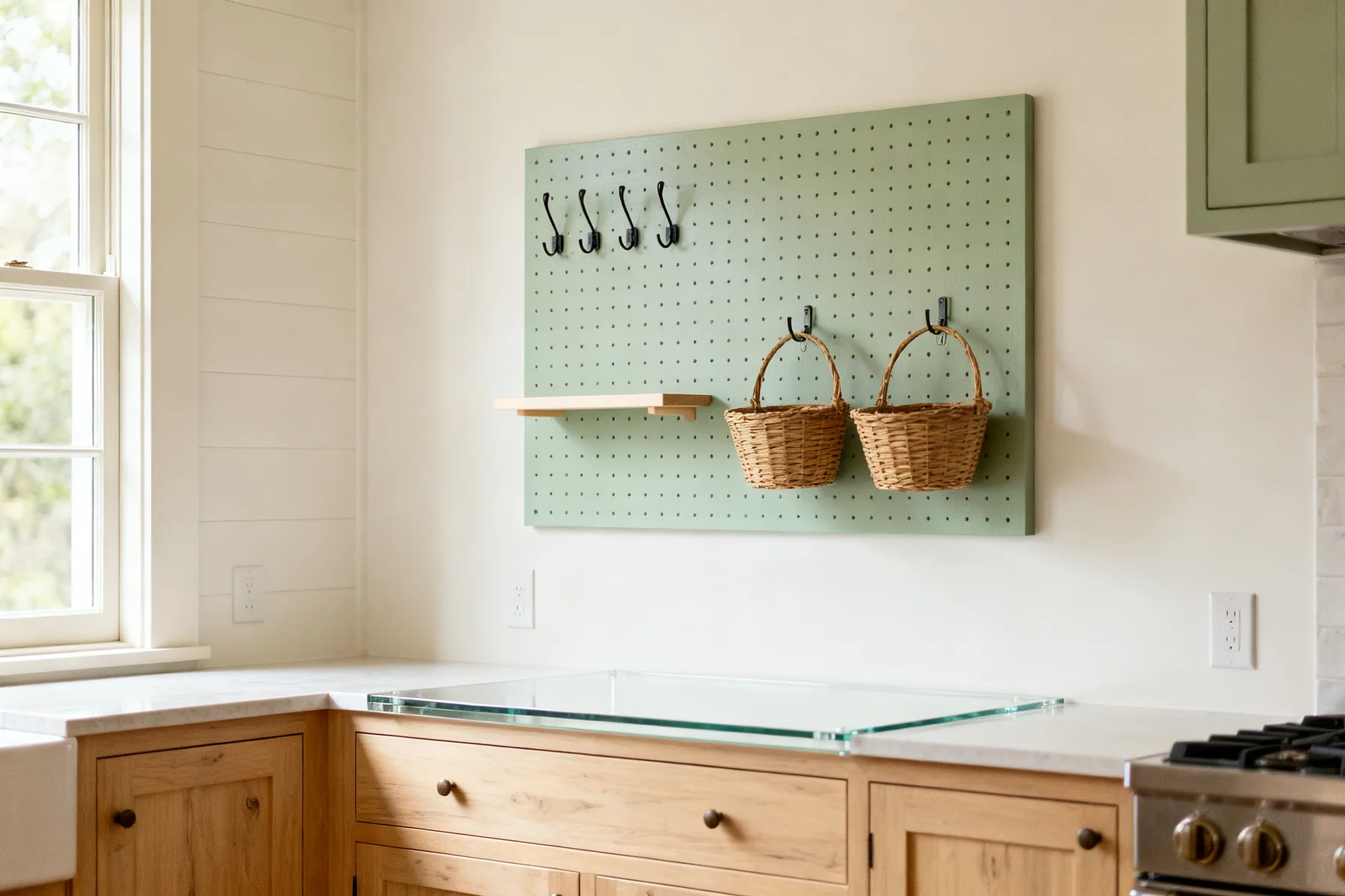 Pegboard for anything that changes A painted pegboard panel on a kitchen wall holding hooks, a small shelf and two hanging baskets above a clear worktop