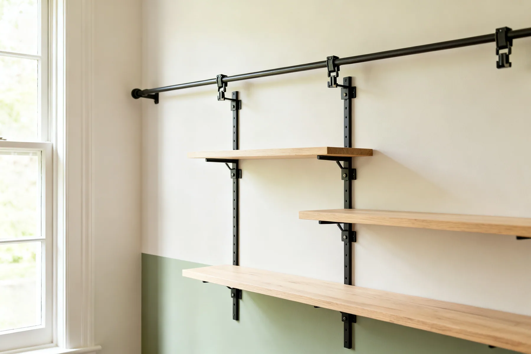 A track means one set of holes, forever A wall-mounted track and bracket shelving system with shelves at three heights clipped into a single fixed rail