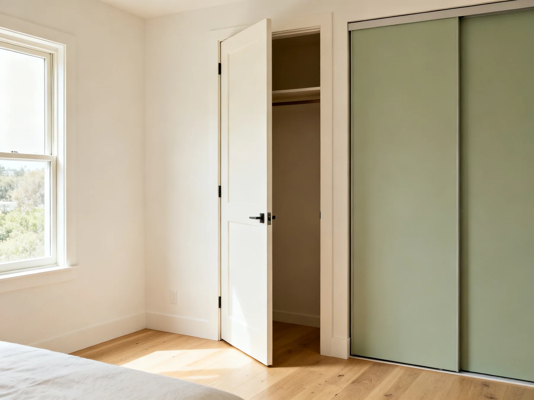 A hinged door needs 600mm of floor A hinged wardrobe door swung open with clear floor in front of it beside a sliding-door wardrobe that needs no clearance
