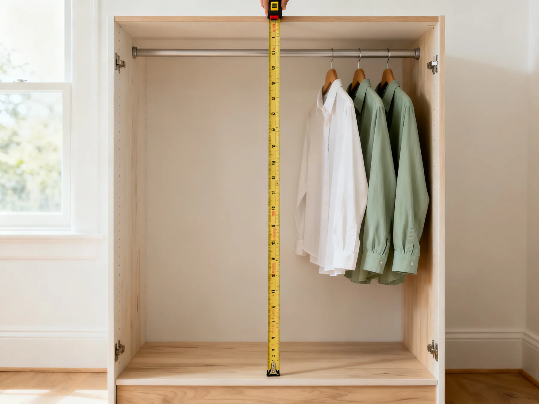 Measure the drop before you buy anything A tape measure held vertically inside a wardrobe measuring the drop from the rail to the base, with empty space beneath the shirt hems