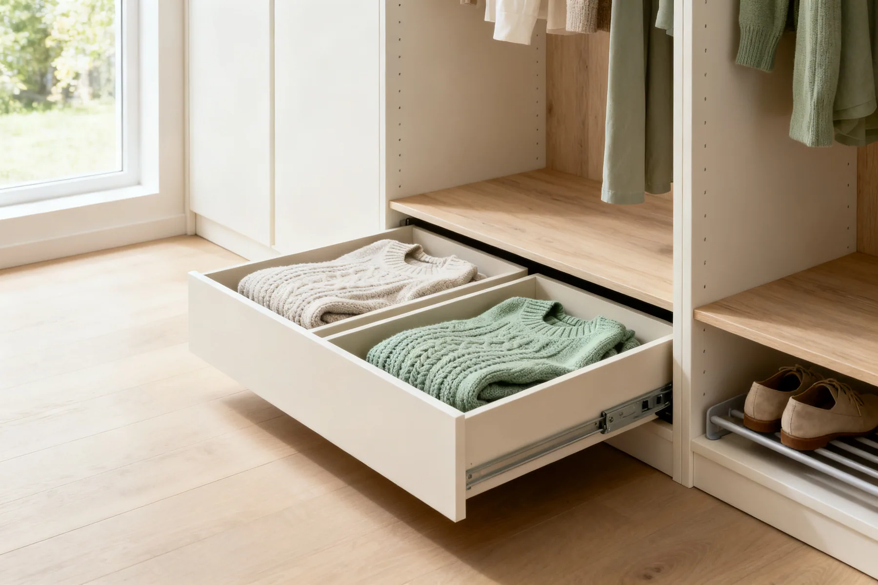 The wardrobe floor is not storage The base of an open wardrobe with two shallow pull-out drawers holding folded knitwear and a slim shoe rack, nothing loose on the floor