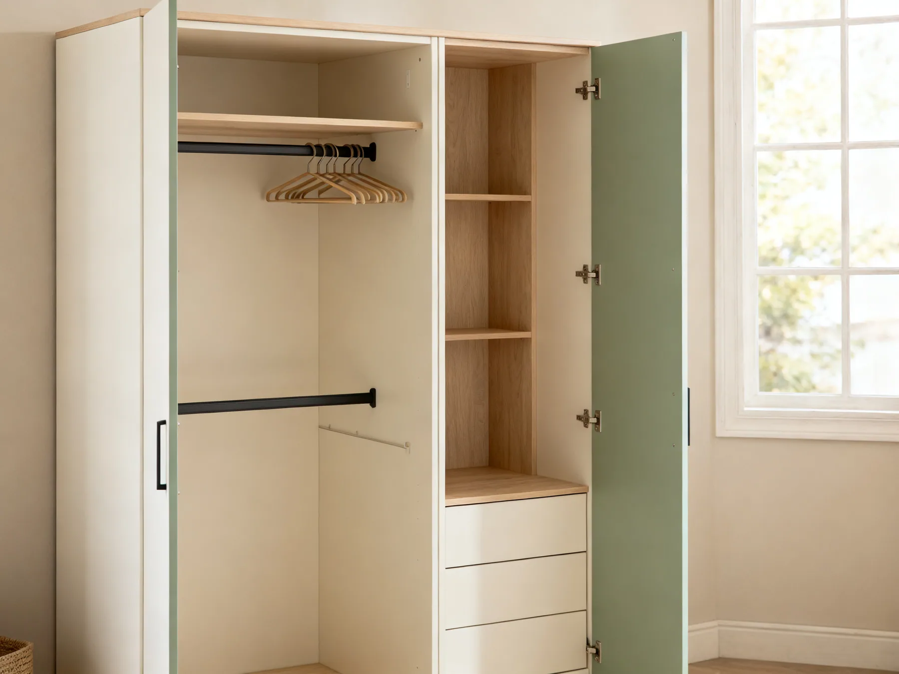 A wardrobe is a box you have to fit out yourself A freestanding double wardrobe with doors open showing two stacked hanging rails on the left, a full-height section on the right and shallow drawers below