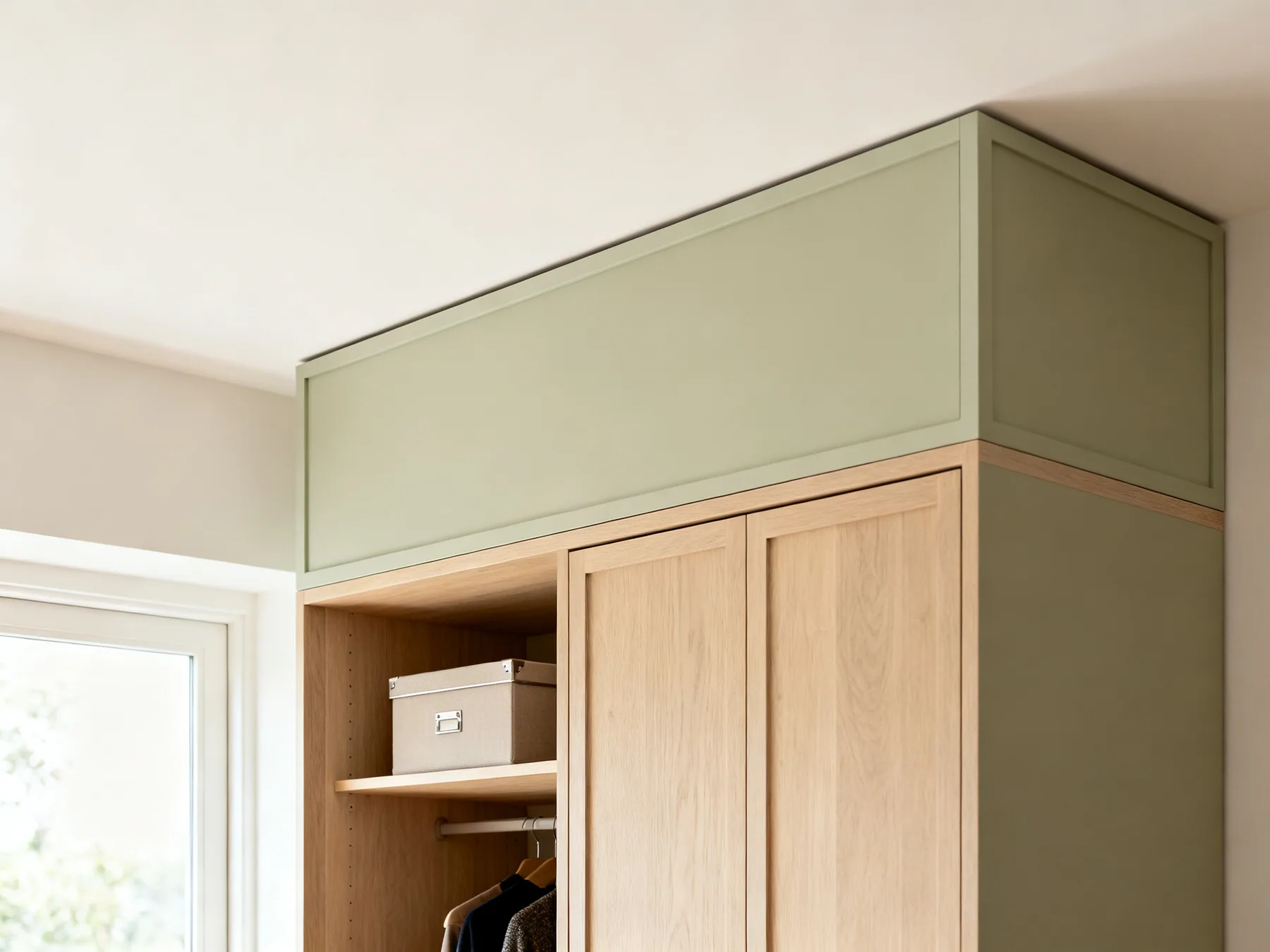The gap above collects dust and holds nothing The top of a freestanding wardrobe with the gap to the ceiling boxed in and lidded storage boxes on the shelf inside