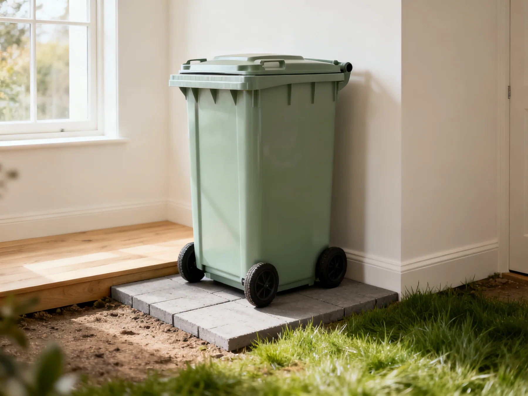 Level, hard and drained A level paved base under a wheelie bin store with the bin standing square on firm ground, beside soft grass