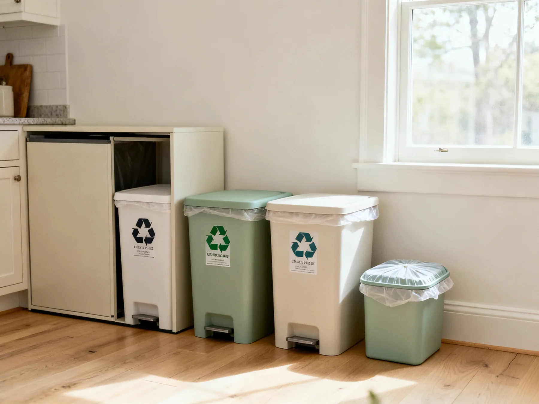 Sort at the bin, not on collection day Three labelled recycling containers lined up beside a bin store with a covered food waste caddy at the end