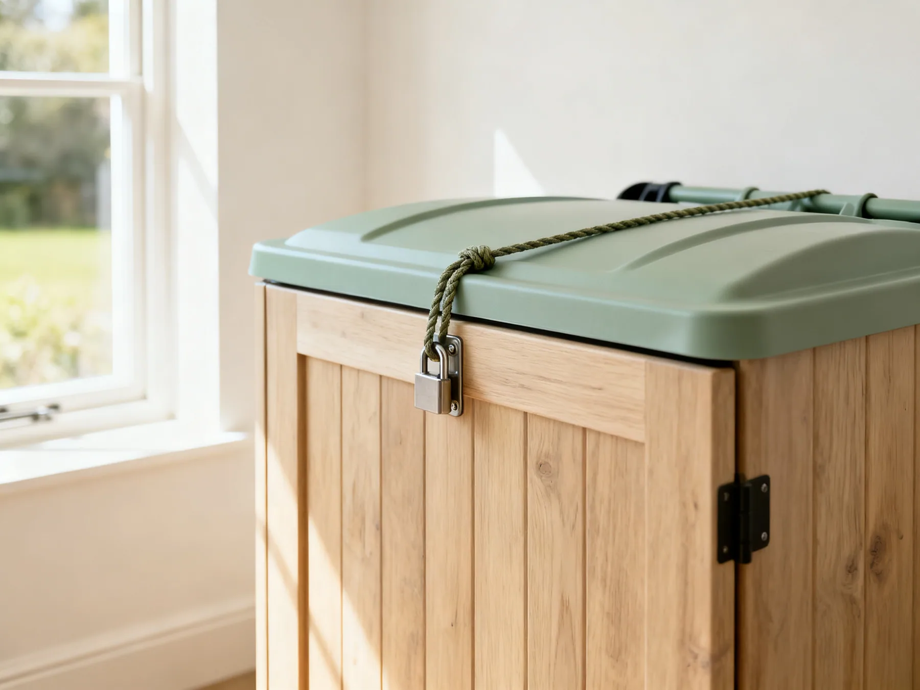 Animals are the reason to fasten it A wheelie bin store with a hasp and bungee securing the lid closed to keep animals out
