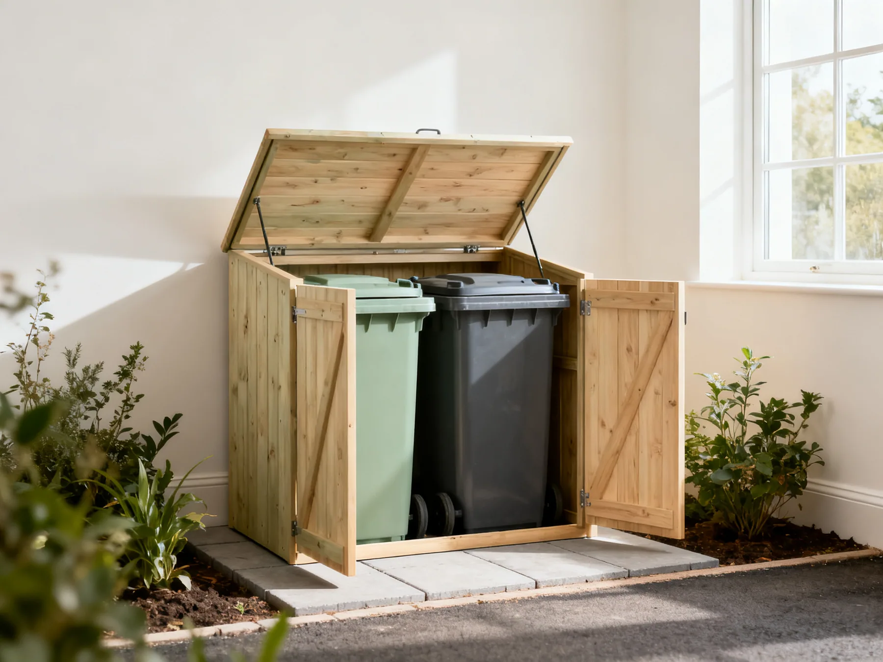 A bin store has to open two ways A timber wheelie bin store with lid and doors open showing two bins on a level paved base, with a clear path to the pavement