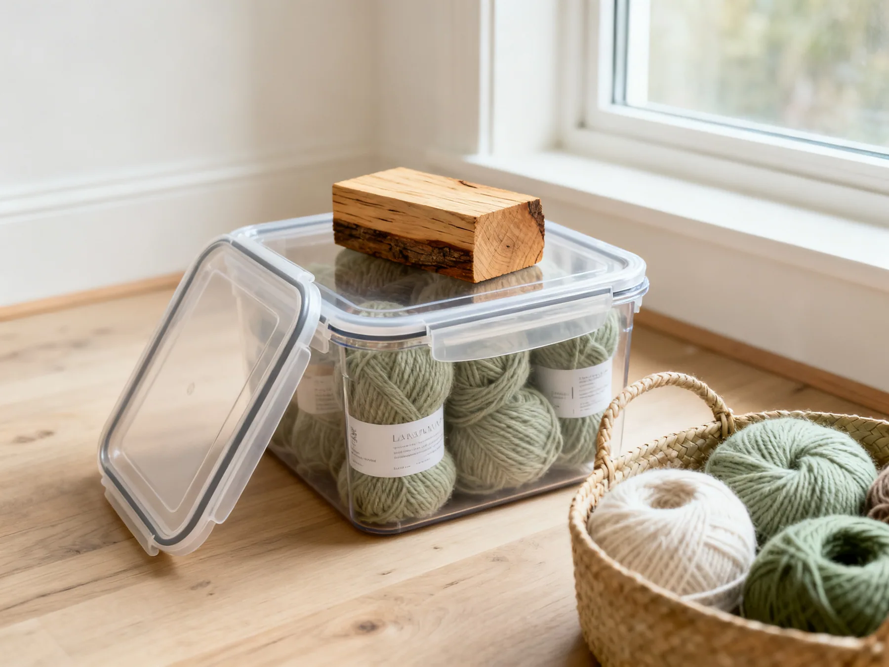 Wool gets sealed. Cotton and acrylic do not need it Wool yarn skeins in a sealed clear container with a cedar block on top, beside an open basket holding cotton and acrylic yarn