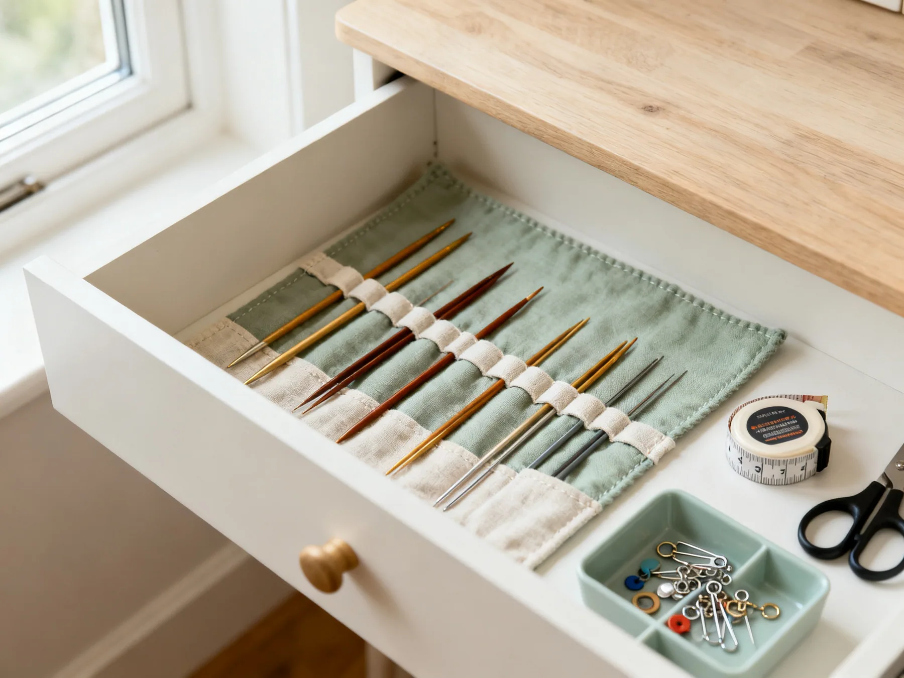 Needles flat and sorted, notions divided A shallow drawer holding knitting needles laid flat and sorted by size in fabric channels, with a divided tray of stitch markers, tape measure and scissors