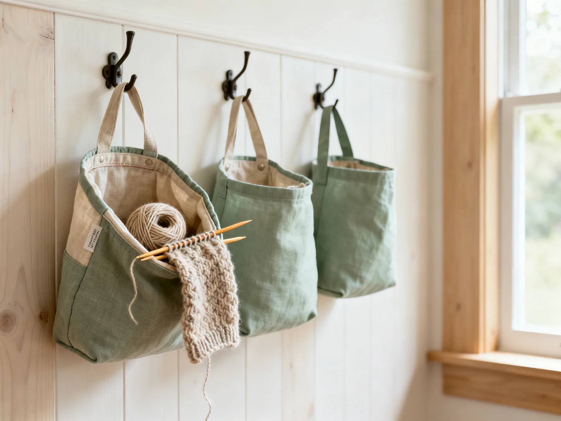 One bag per project, needles included Three fabric project bags on wall hooks, one open showing a partly knitted piece with its needles and a ball of yarn inside