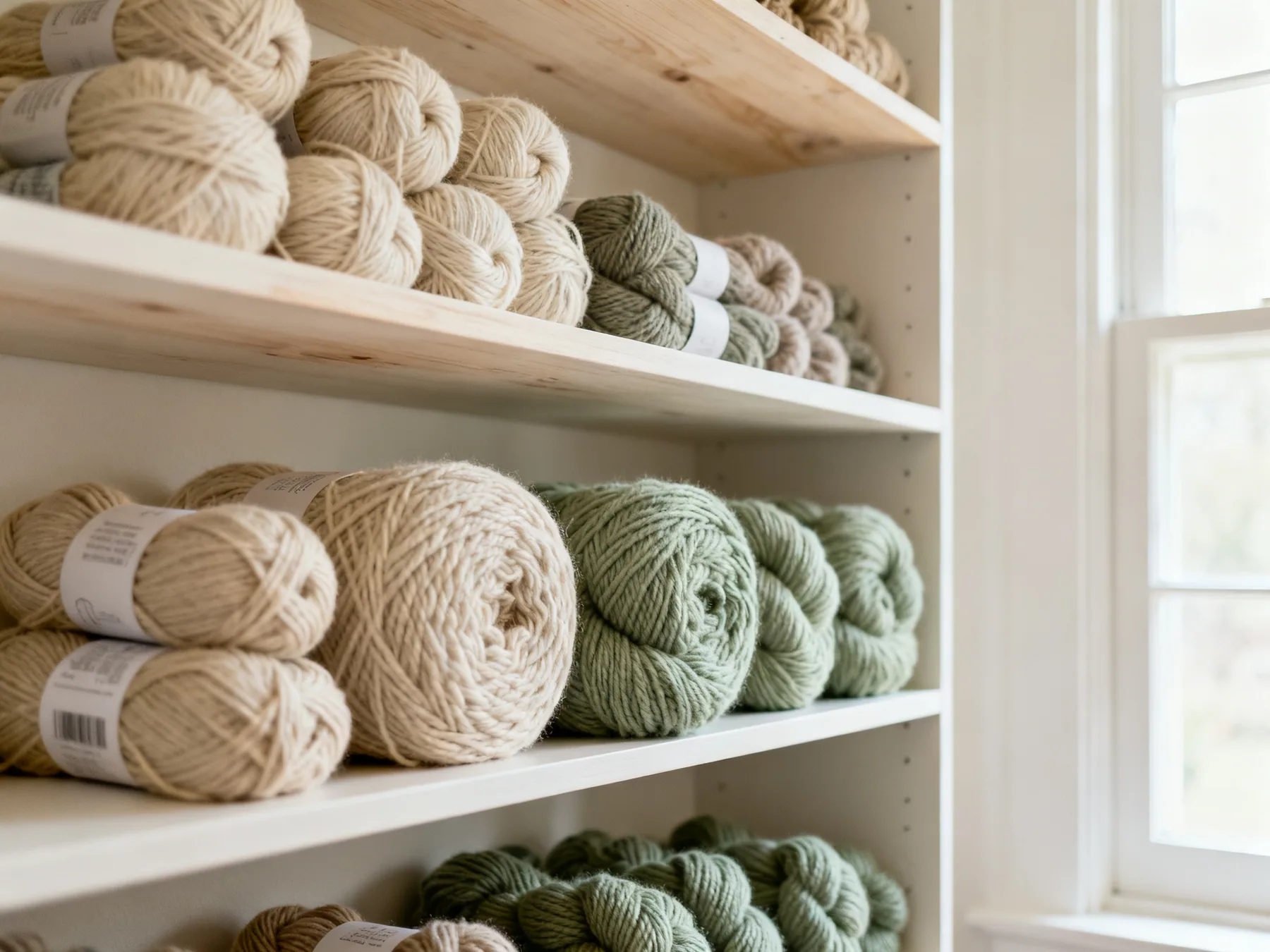 Sort by weight first, colour second Yarn on open shelving grouped by thickness with shelf-edge labels, fine sock yarn on one shelf, worsted on another and chunky on a third