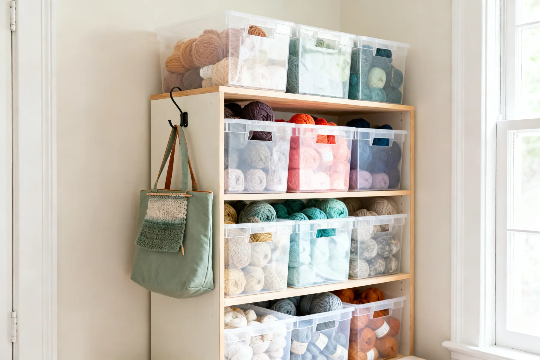 Clear bins, because yarn is chosen by eye A shelving unit holding labelled clear lidded bins of yarn sorted by colour, with a project bag hanging on a hook beside it
